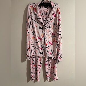 Kate Spade Pink Makeup Print Pajama Set with Black Trim - Super Fun Cute Set